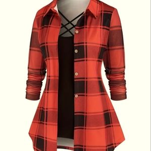 Casual Daily Two-piece Set, Plaid Print Button Front Shirt